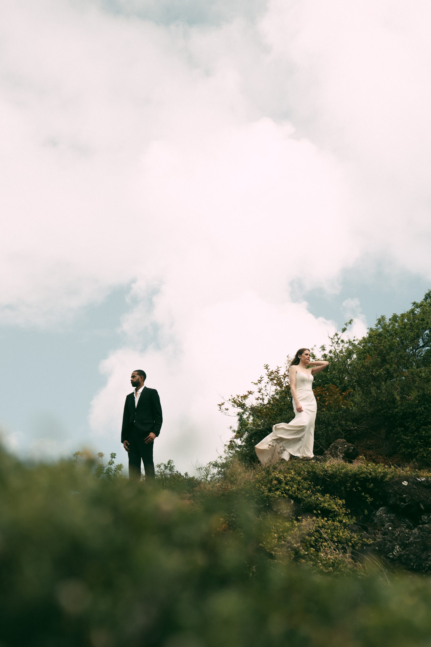 Bride and groom use editorial posing during their elopement.