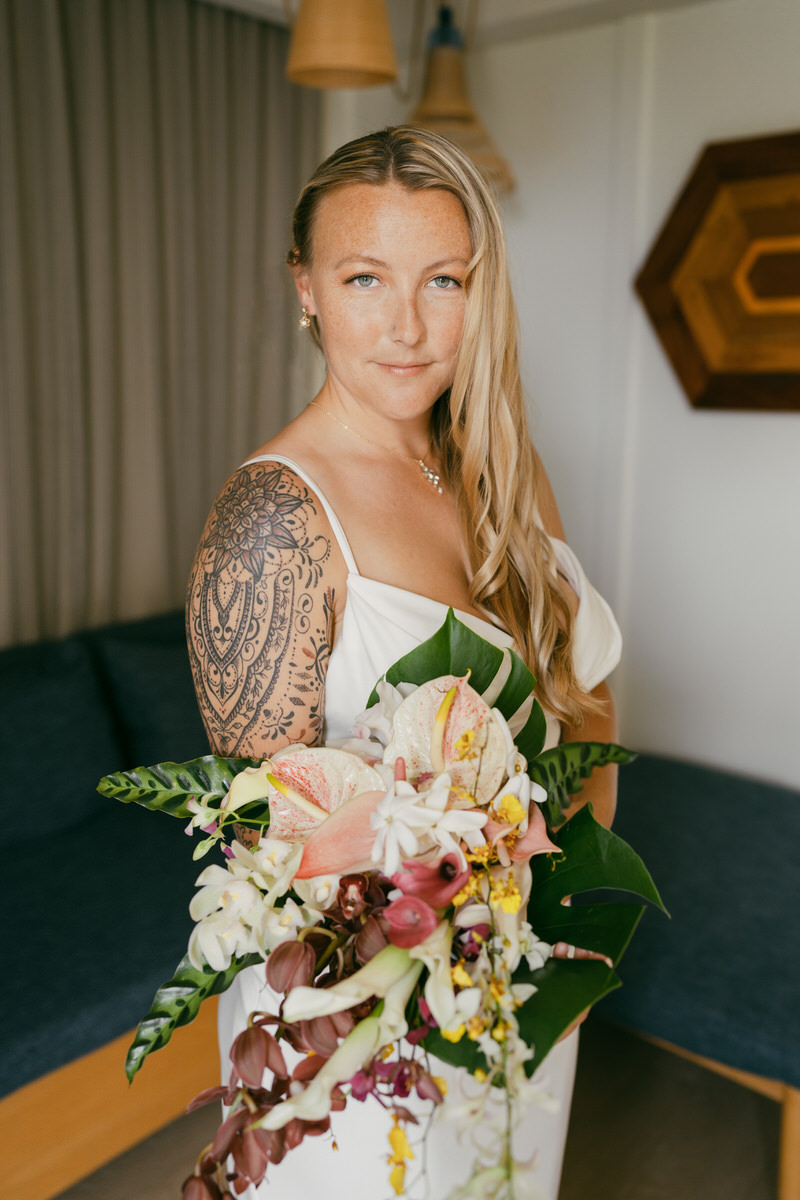 Bride during her solo portraits at the Surfjack Hotel in Waikiki.