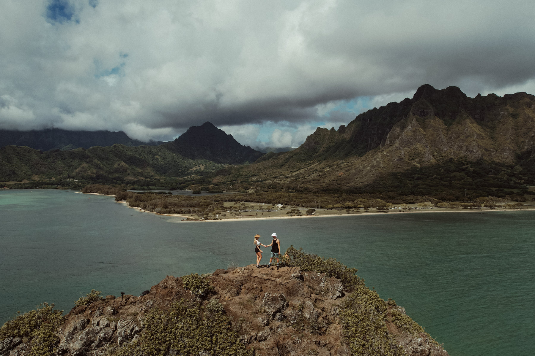 A drone shot of a young couple during their Oahu elopement.