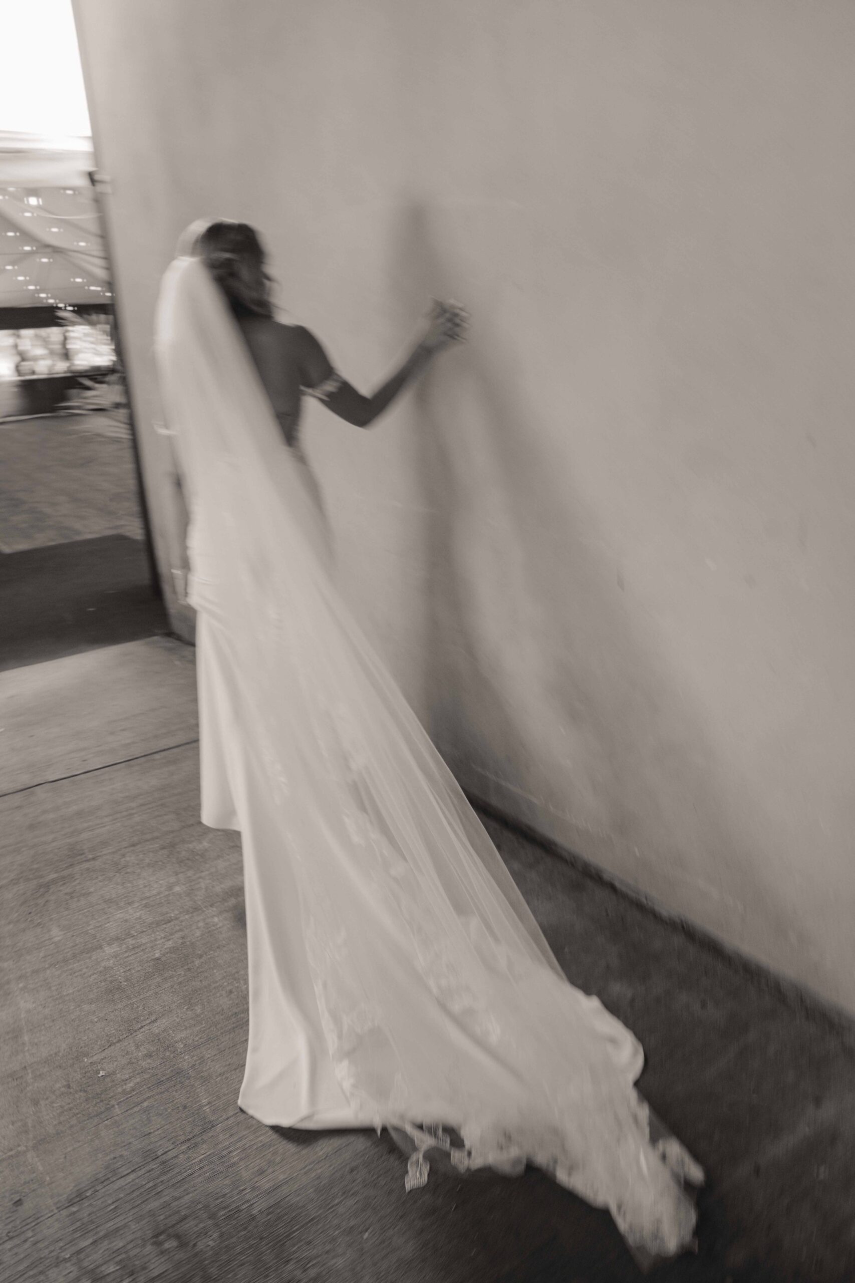 Black and white photo of bride.