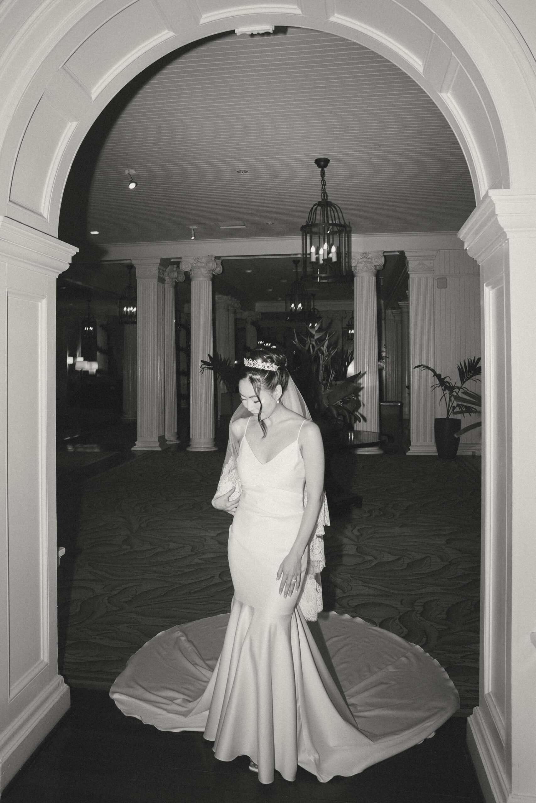 Bride in a couture reception dress by Galia Lahav.