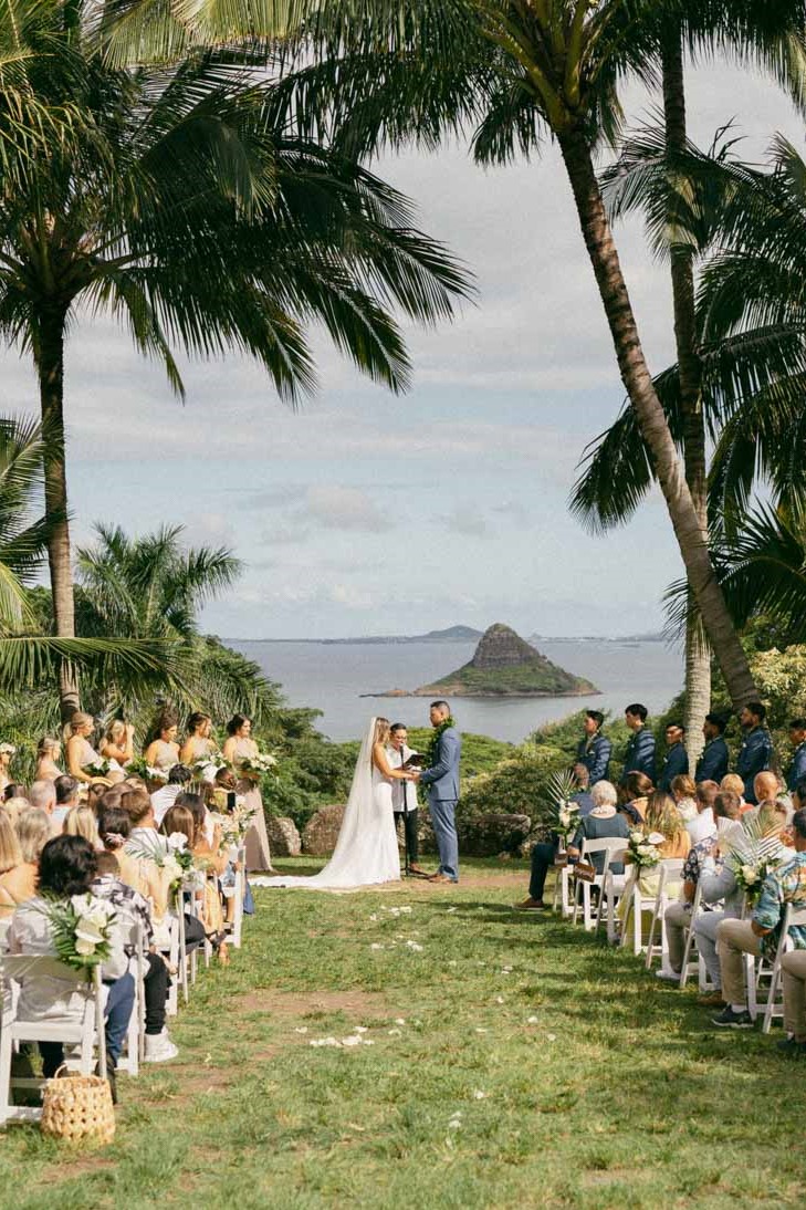 Modern Hawaii wedding ceremony at Paliku Gardens in Kualoa Ranch.