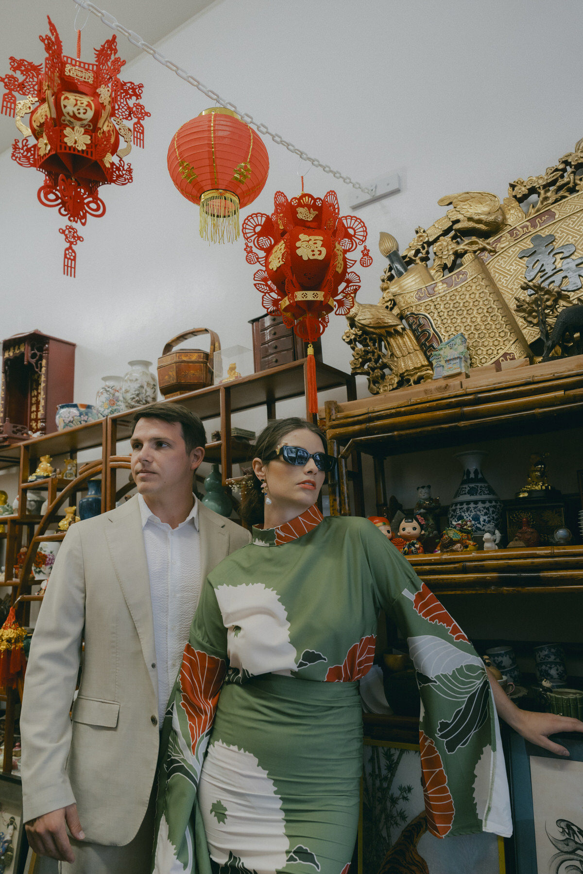 A couple opts for an Asian-inspired look for their engagement session photos.