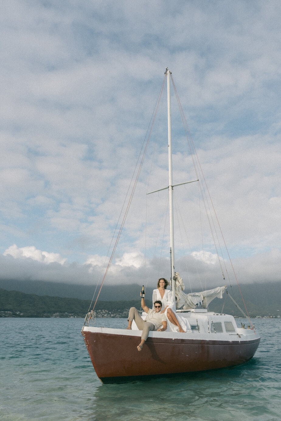 Couple during boat engagement session.
