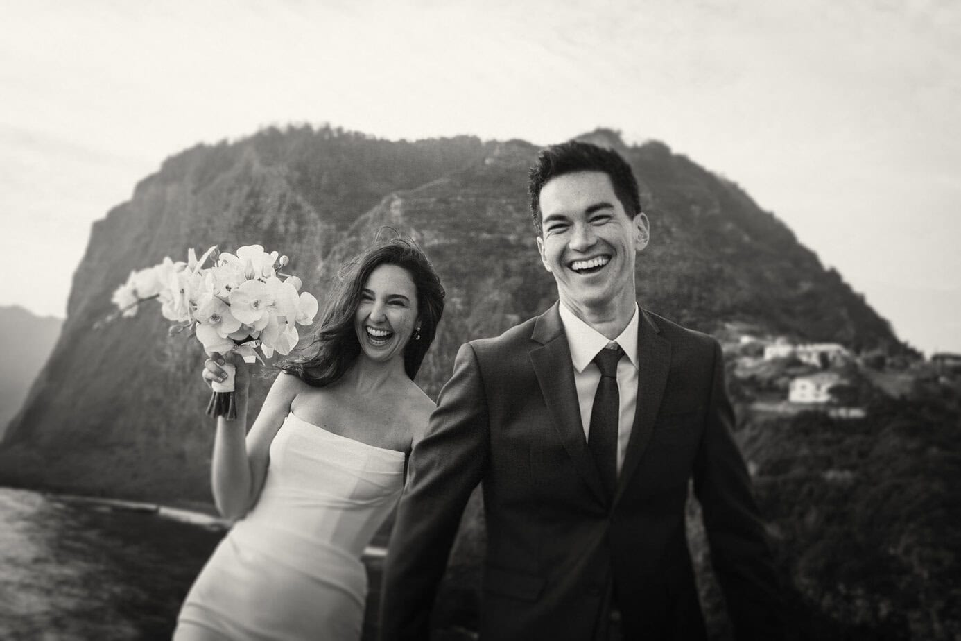 Couple celebrates vow exchange after elopement in Madeira, Portugal.