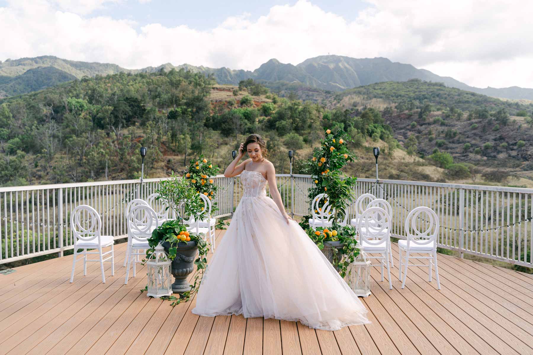 A bride in front of ceremony at Ka'ala Vista Weddings. One of the best Wedding Venue in Oahu