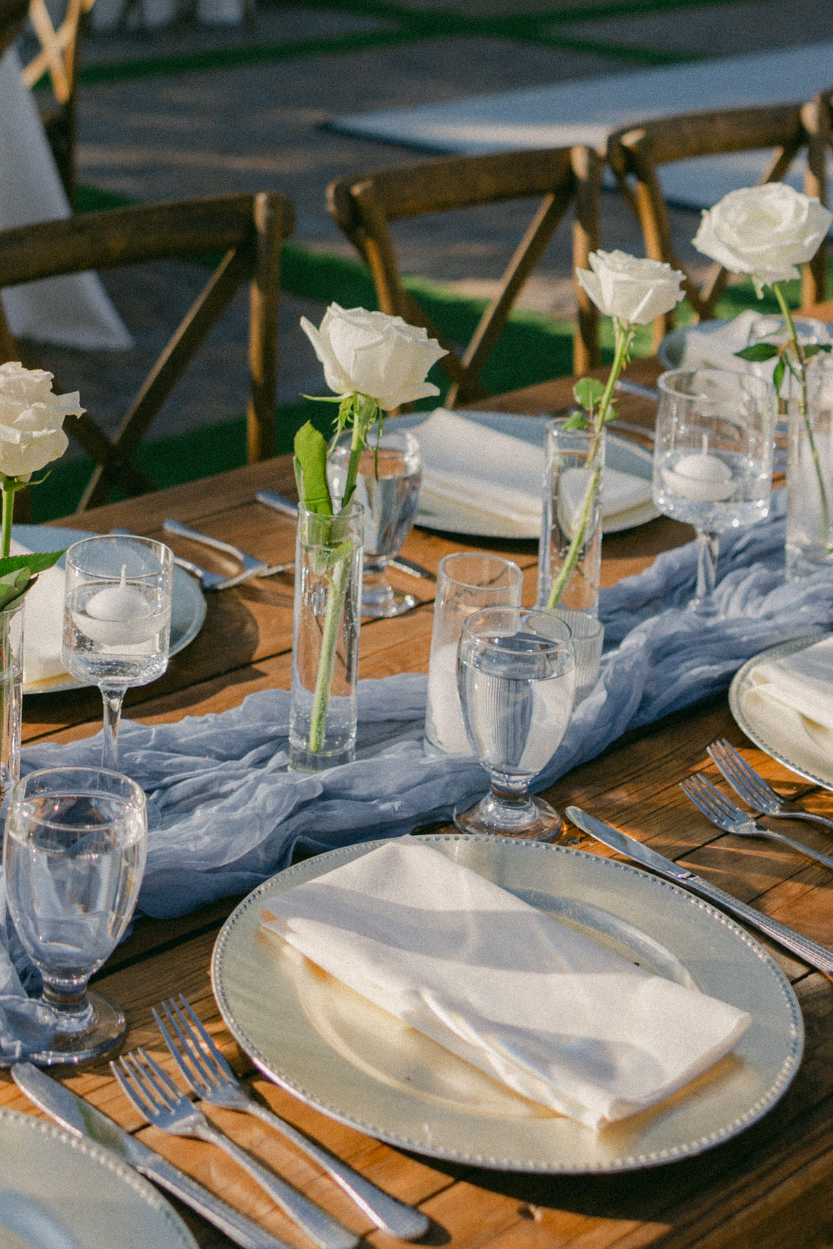 Sun hitting plate and glassware details at Serendipity Gardens wedding.