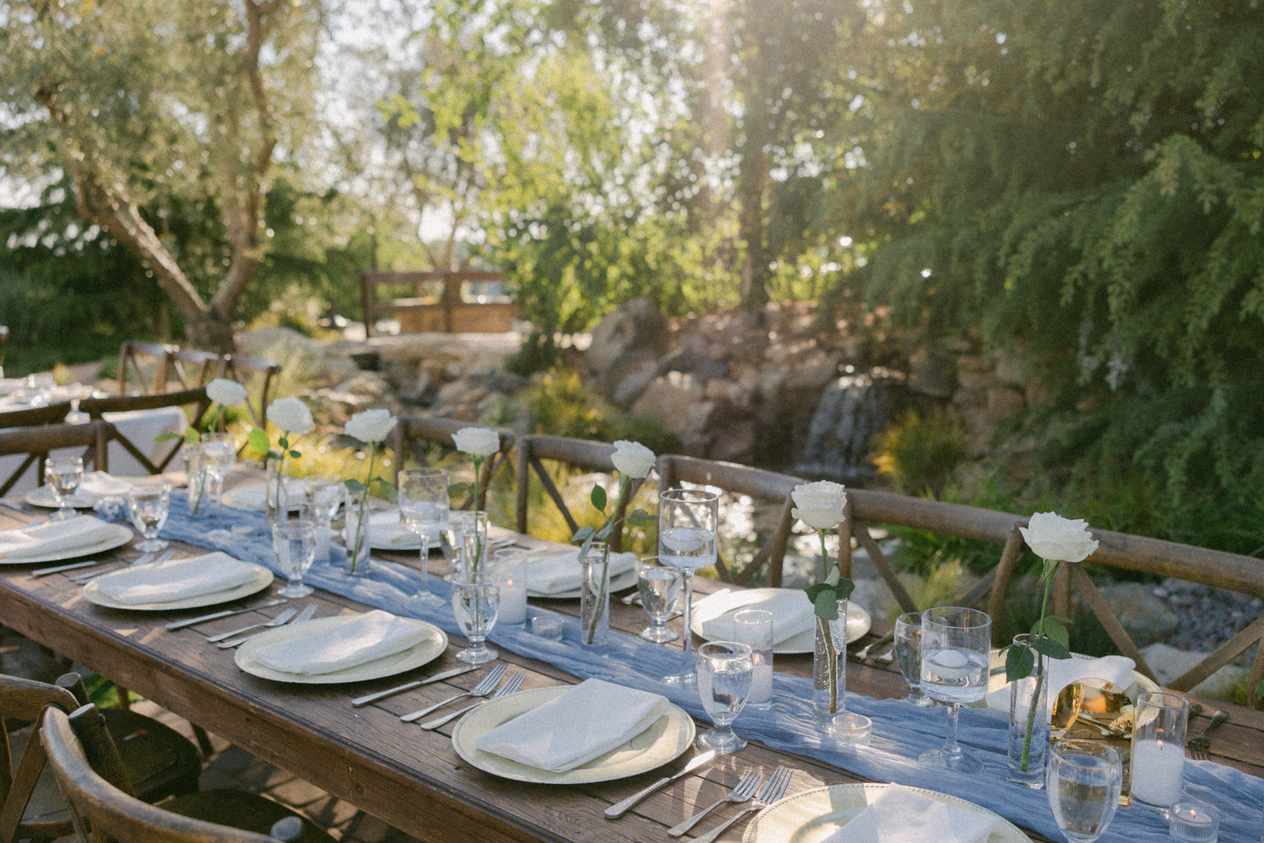 Reception details at sunset at Serendipity Gardens wedding.