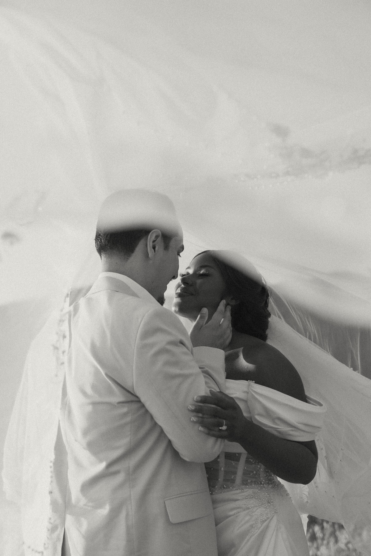 A bride and groom under veil during their Serendipity Gardens wedding.