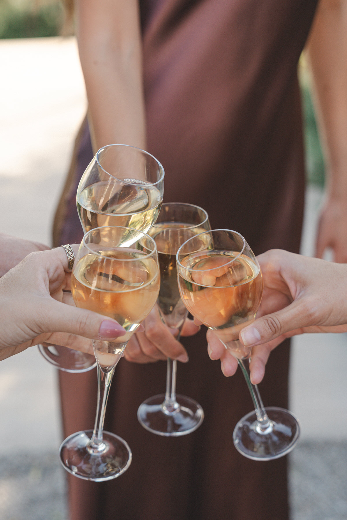 The wedding party cheers after wedding ceremony in Mallorca.