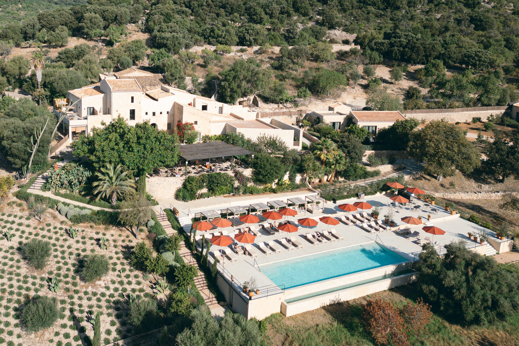 A drone shot of the Lodge, a wedding venue in Mallorca