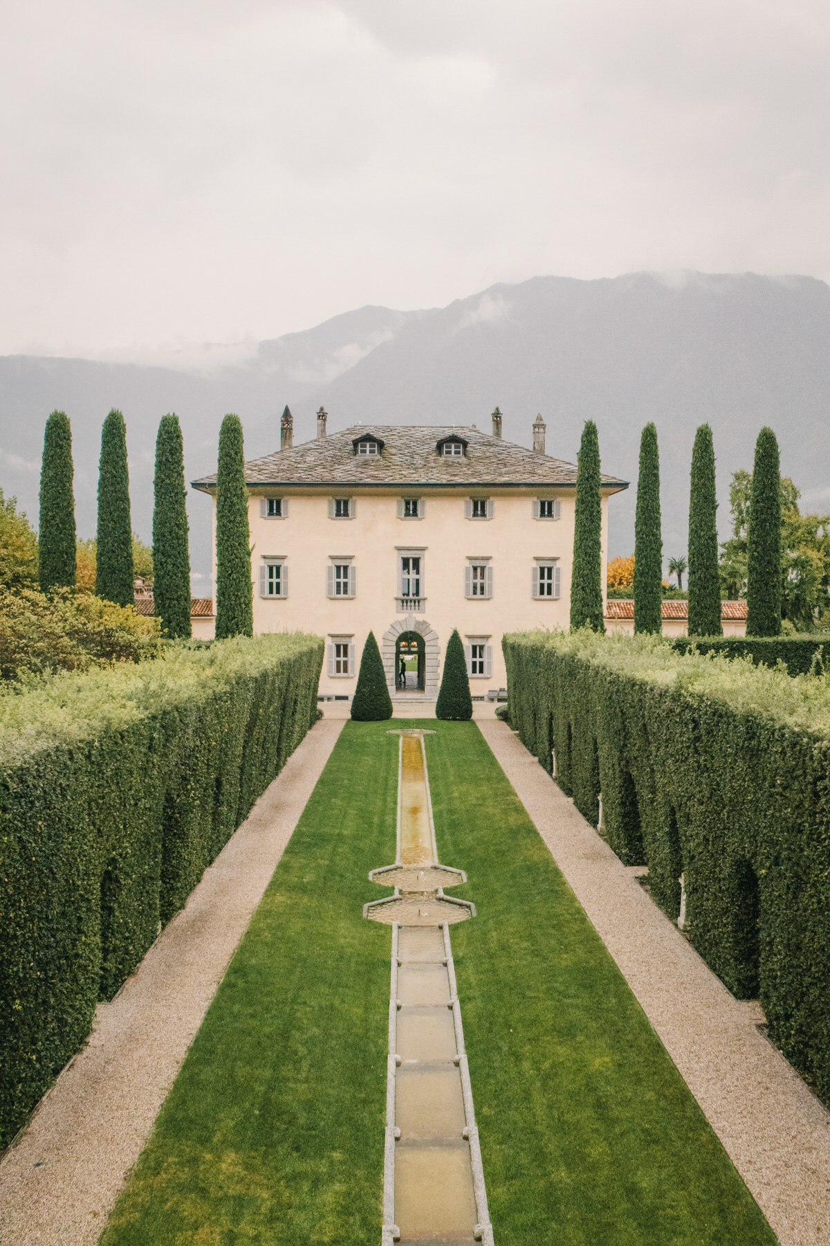 A drone shot of Villa Balbiano on Lake Como.