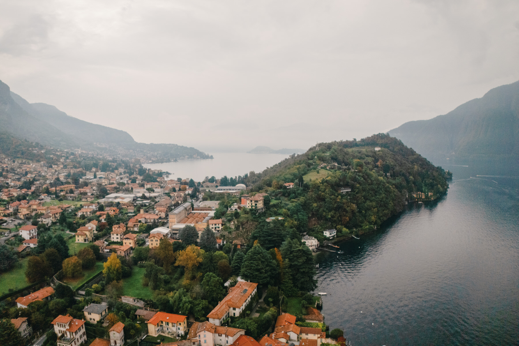 A drone shot of Lake Como, Italy.