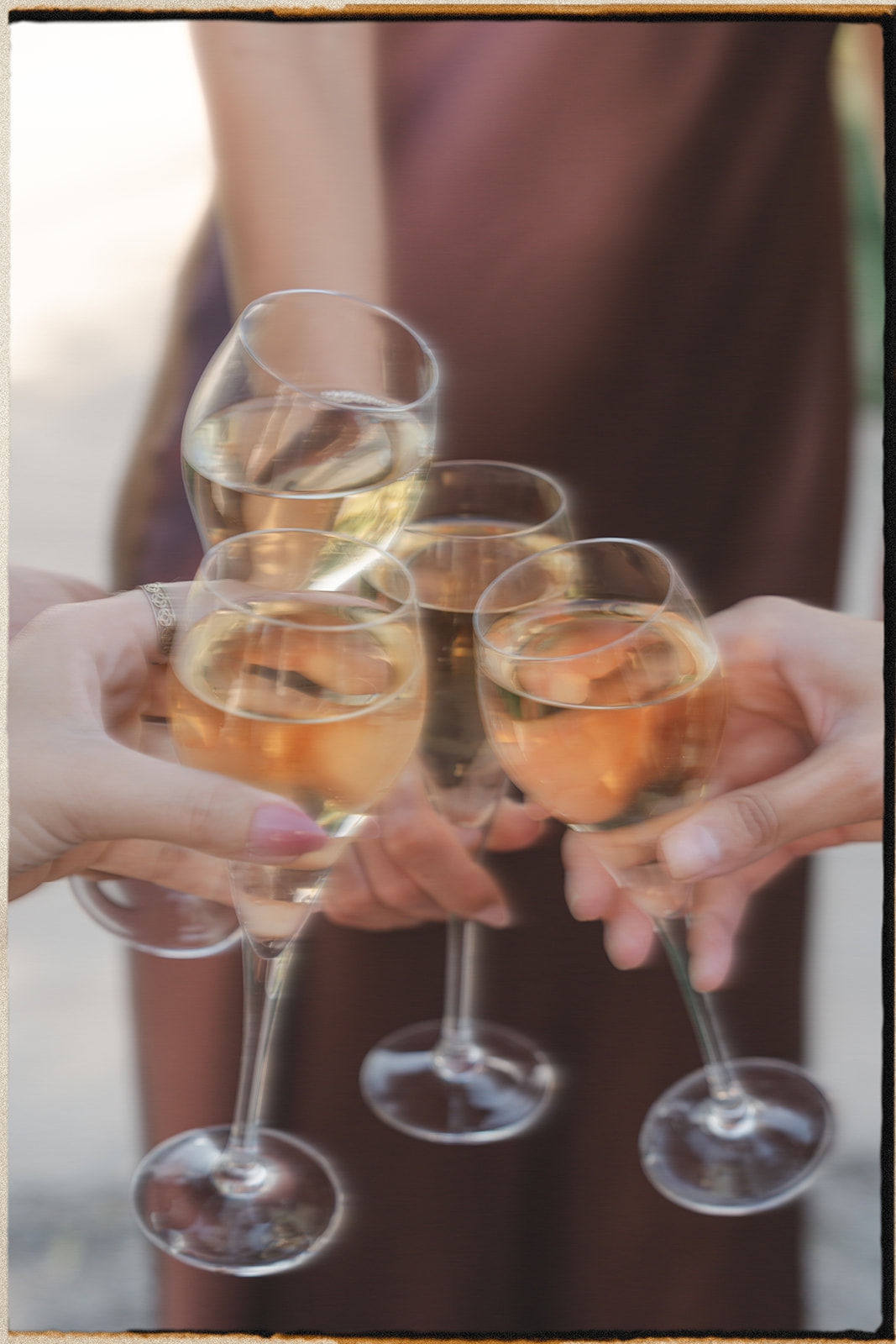 A group of hands holding champagne glasses in a celebratory toast, with the sunlight shining through the glasses.