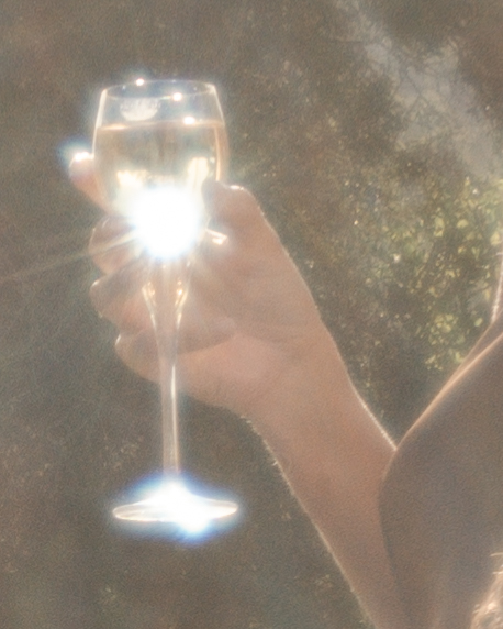A hand holding a glass of champagne with sunlight reflecting off the glass, creating a starburst effect.
