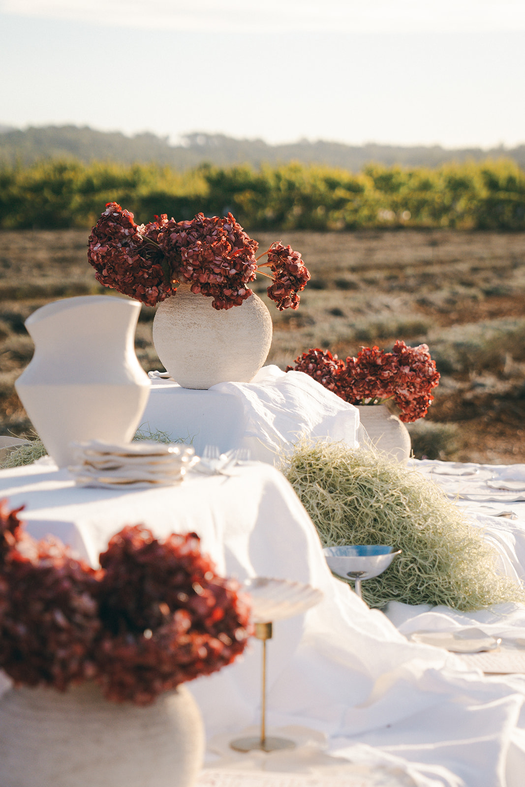 A beautifully styled outdoor wedding table with textured white linens, ceramic vases, and deep red floral arrangements, set in a vineyard landscape.