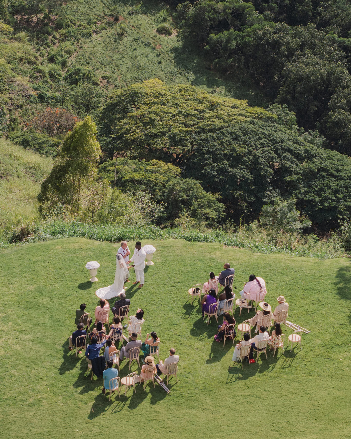 An outdoor wedding ceremony with guests seated on chairs on a grassy hill, framed by lush trees.