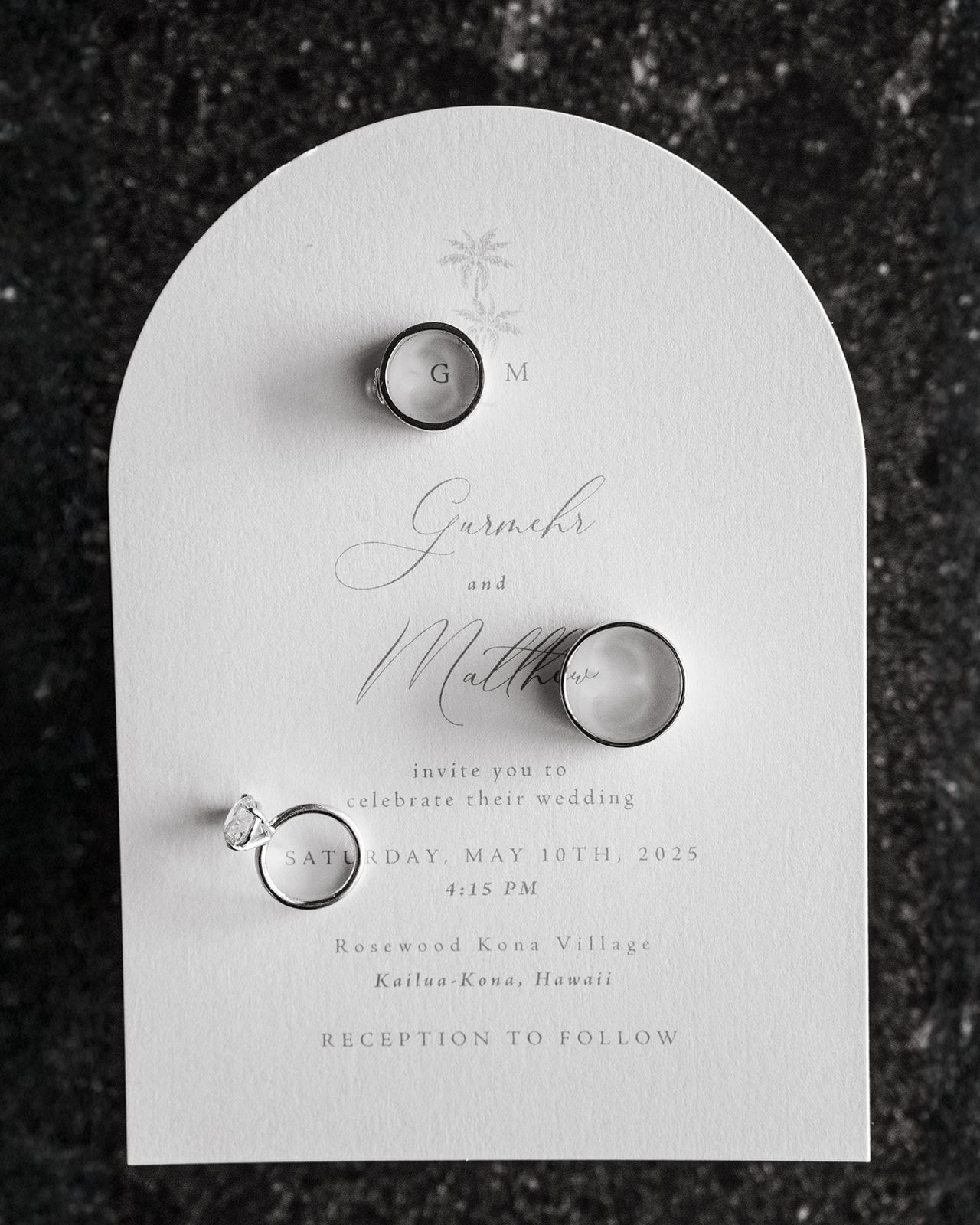 Wedding invitation with names “Gwendolyn and Matthew” and set of engagement rings on textured paper – How to Choose the Right Photographer for Your Pre-Wedding Shoot