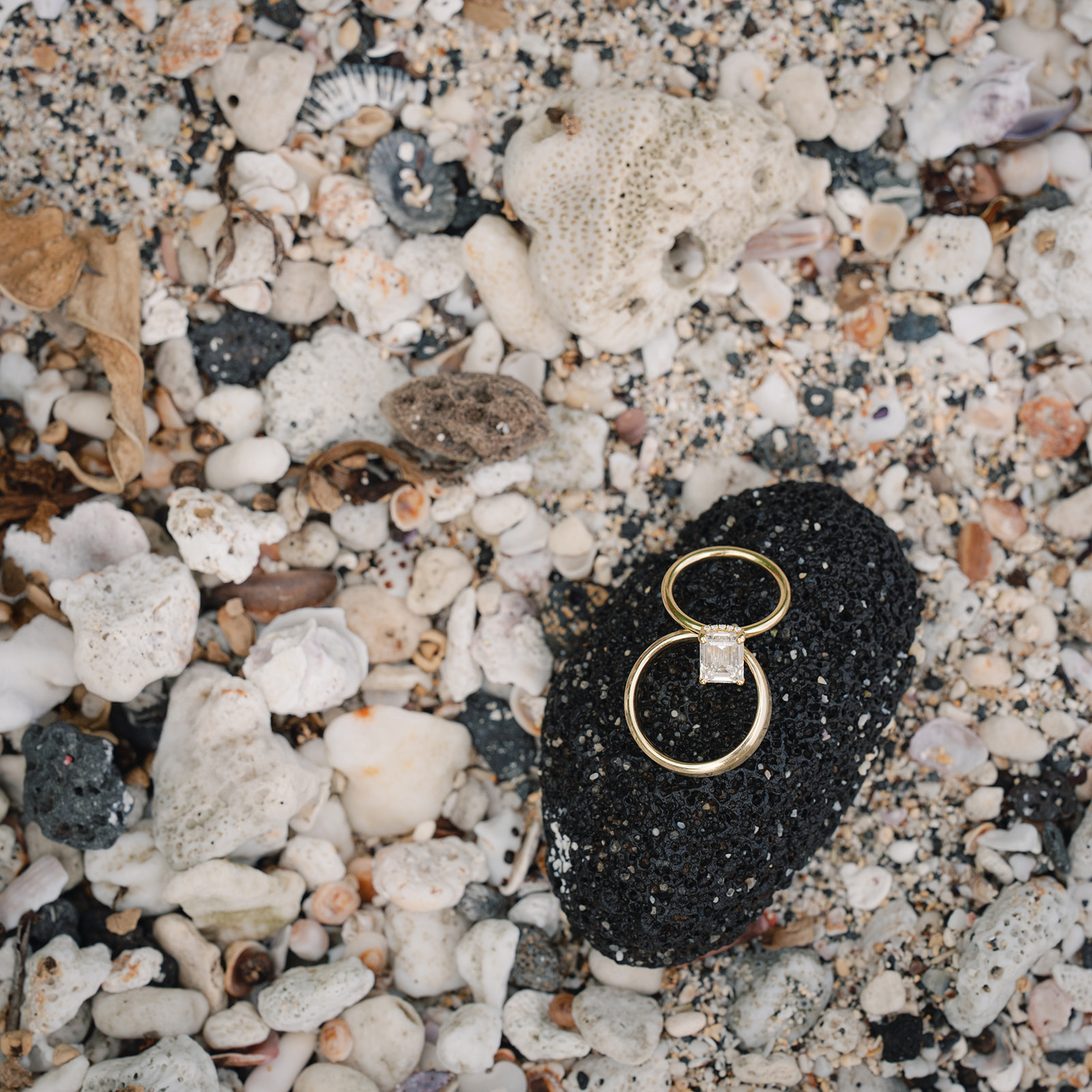 Gold engagement and wedding rings resting on black volcanic pebble and coral fragments – How to Choose the Right Photographer for Your Pre-Wedding Shoot