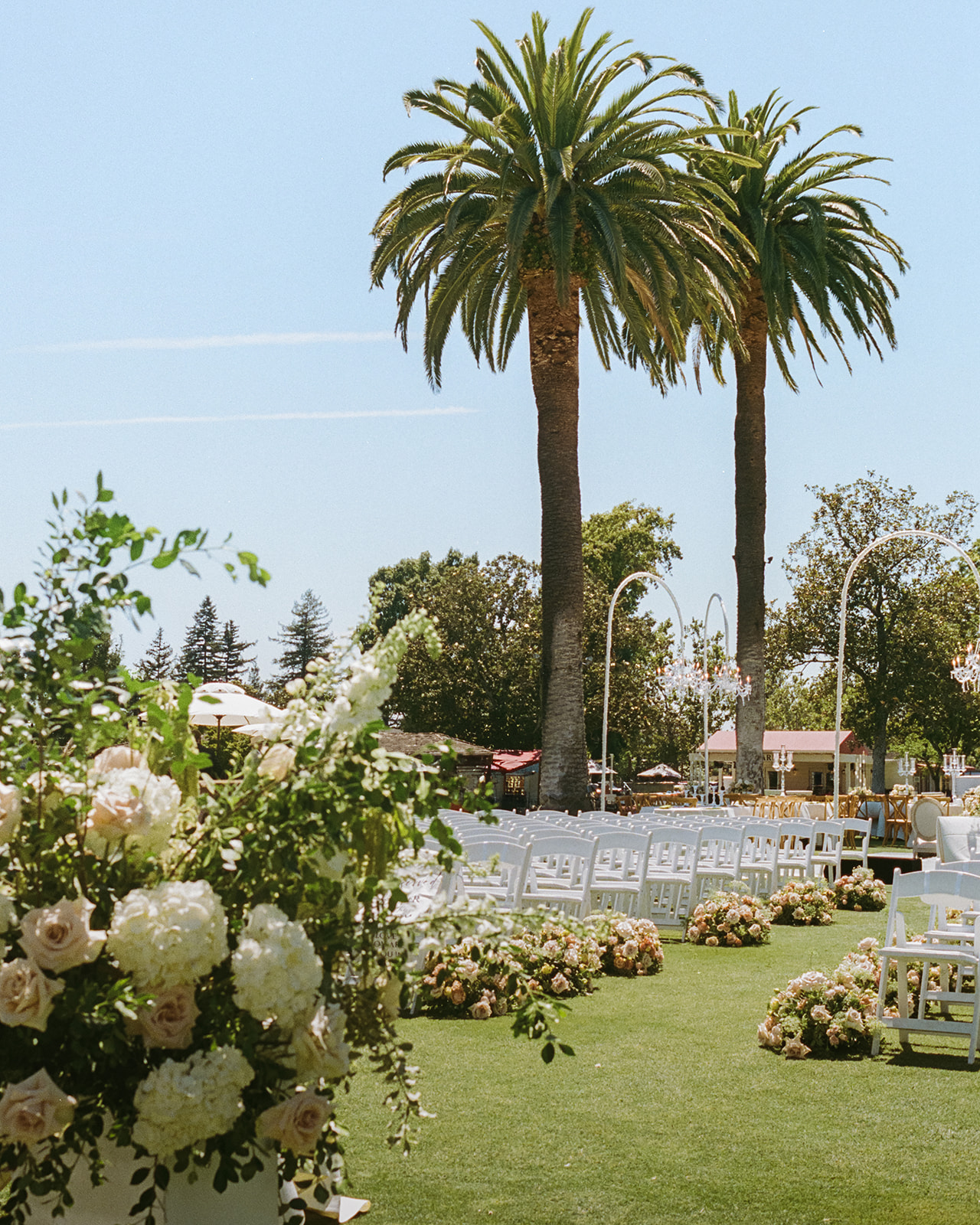 White ceremony chairs and floral arrangements sit beneath a tall palm tree at Silverado Resort in Napa.